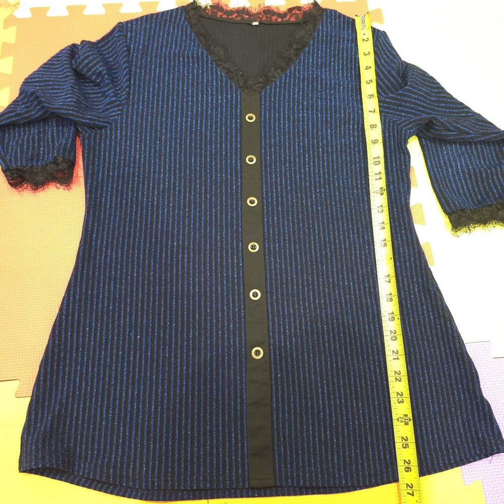 Women's Blue Sparkly Metallic Ribbed Top - Lace V-Neck & Cuffs - 3/4 Sleeve -...